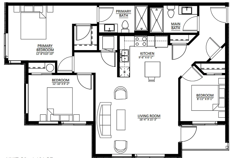 Floor plan Two Bedroom Two Bath w/ Den