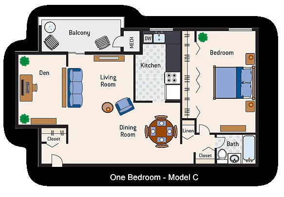 Floor plan 1 Bedroom 1 Bath With Den Type C