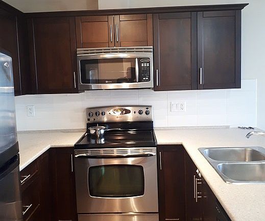 Wood kitchen cabinets.