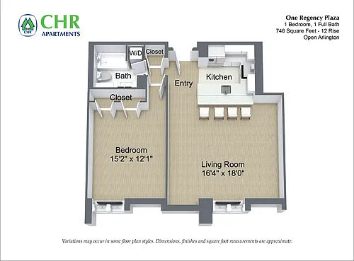 Floor plan 1 Bed/1 Bath with Large Kitchen