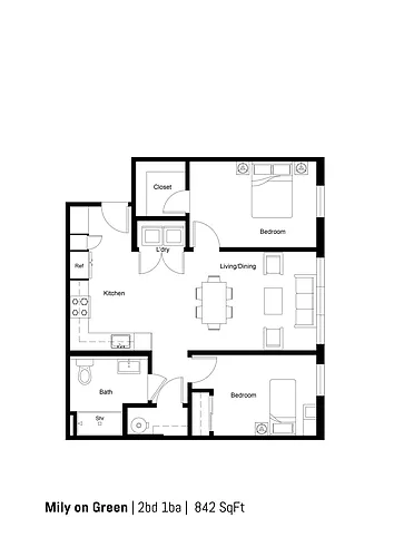 Floor plan 2B1B-E 842sf