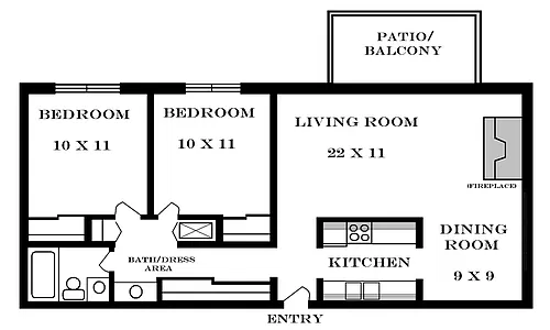 Floor plan 2 Bedroom 901 SF