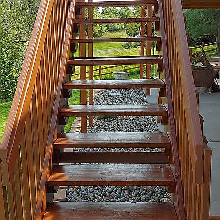 Deck to lower patio steps
