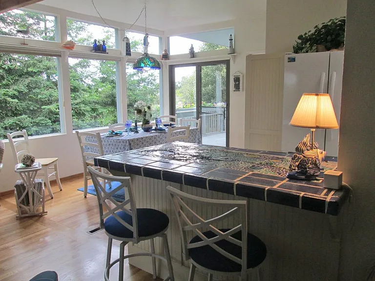 Counter view of dining and redwoods