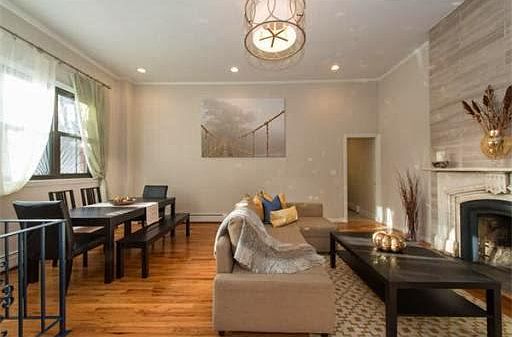Living and dining area, bright afternoon light