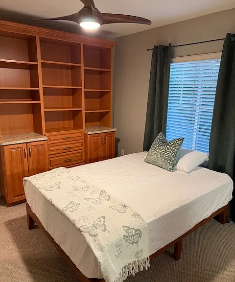 Built ins cabinetry, an office and a full size new bed as of July 2025