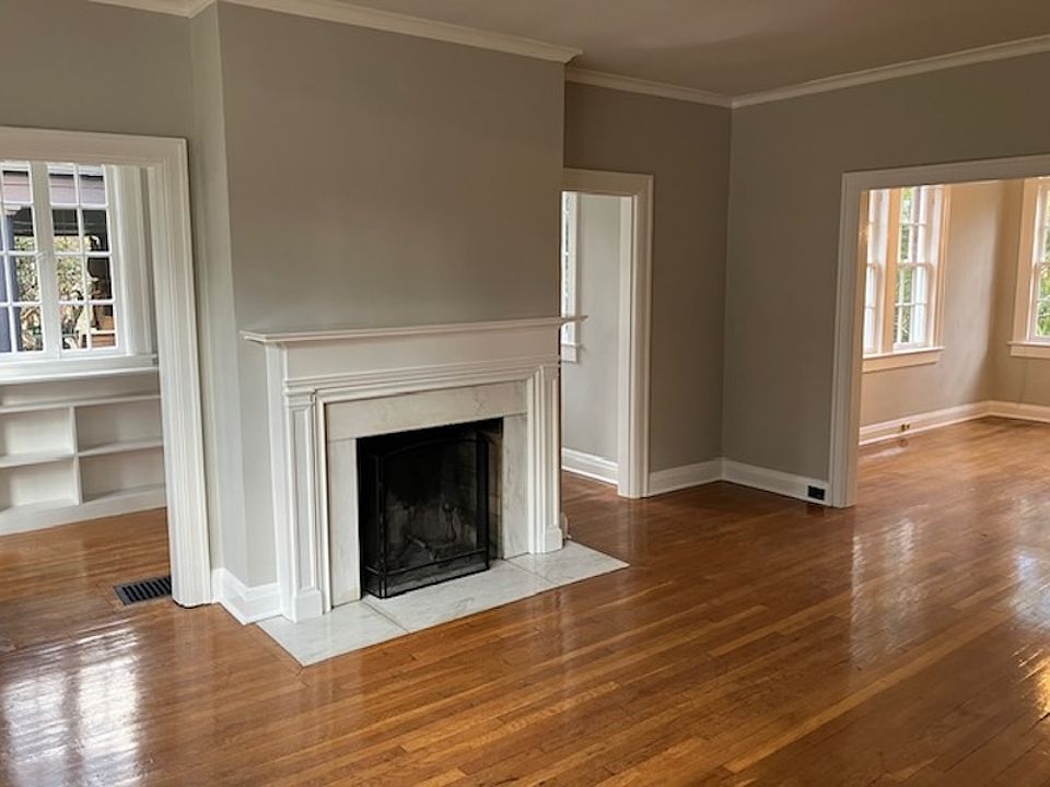 living room, sunroom/office on left, dining room on right