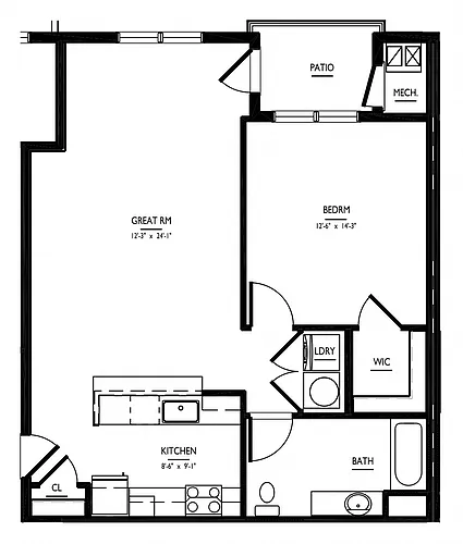 Floor plan 1 Bed/1 Bath 2B-A3a Phase II