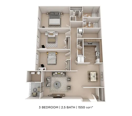 Floor plan Three Bedroom 2.5 Bath- 1550 sqft