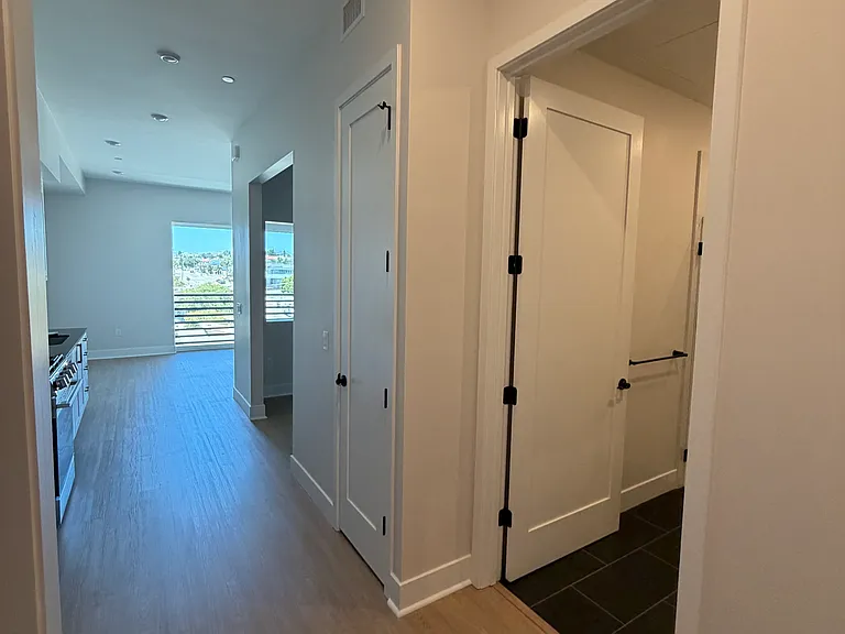 View from front door, bathroom on right and view of hallway leading towards bedroom and main living space.