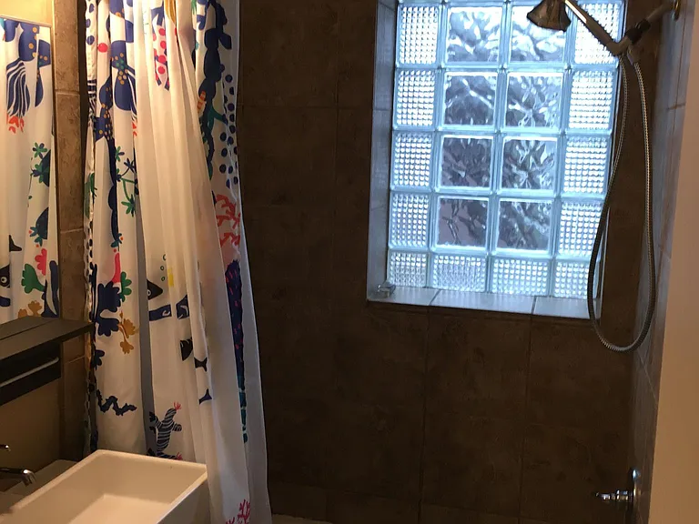 Enter bathroom with full tub and vintage glass block
