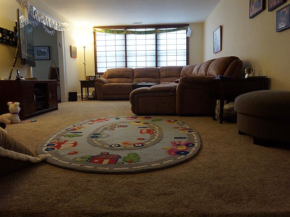 Huge living room with custom window coverings.