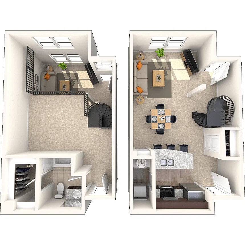 Floor plan Dual Level 1x1 837-1085 SF