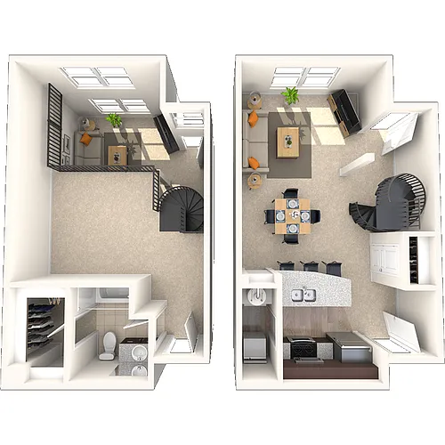 Floor plan Dual Level 1x1 837-1085 SF