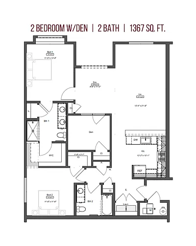 Floor plan 2 Bedroom, 2 Bathroom w/Den