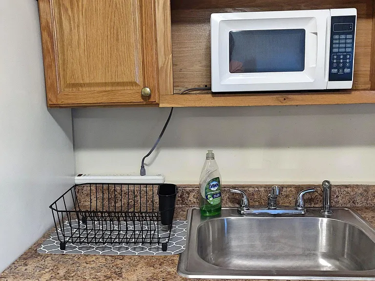 Kitchen with microwave and dishrack