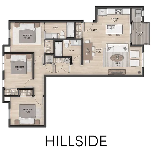 Floor plan 3 Bedroom, 2 Bath