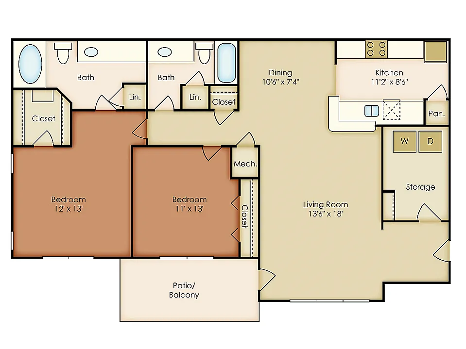 Floor plan 2 Bed, 2 Bath C Upgraded (80% Income Restricted)