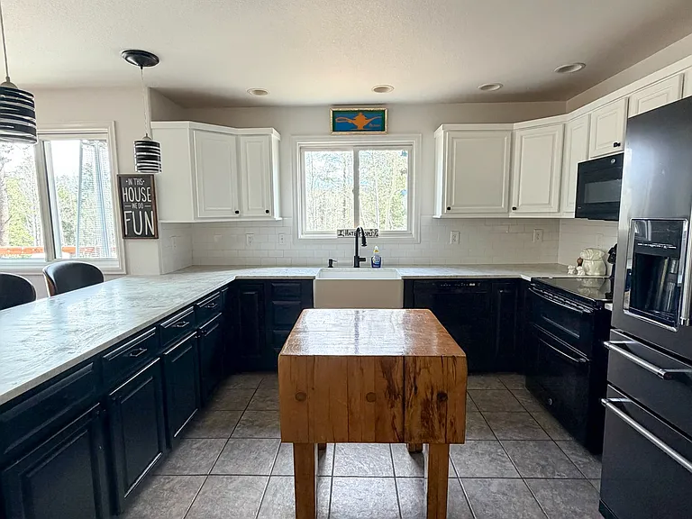 Kitchen area. Electric stove, dishwasher, fridge, lots of cabinet space, marble counters, new windows, tall ceilings