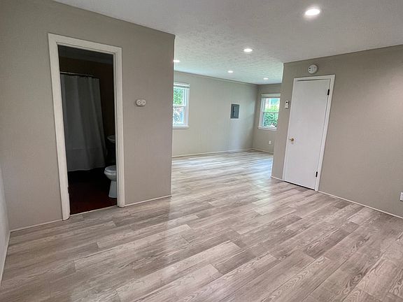 Open concept guest house interior.