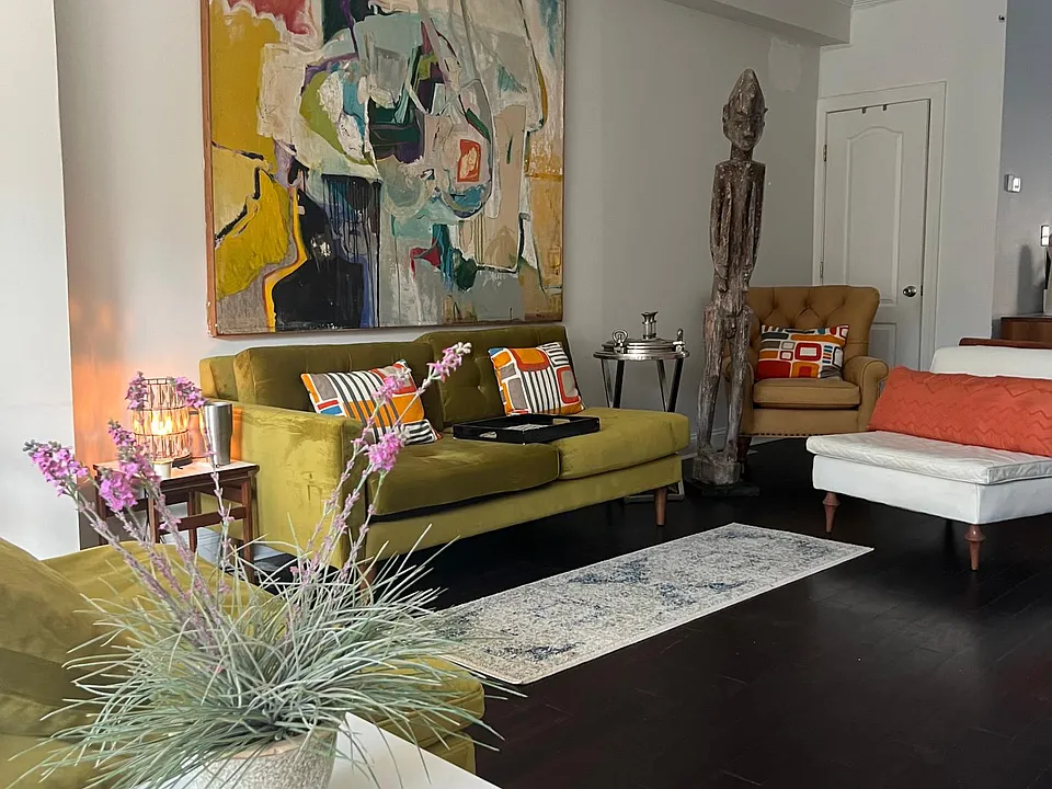 Living room with fireplace and 1/2 bath