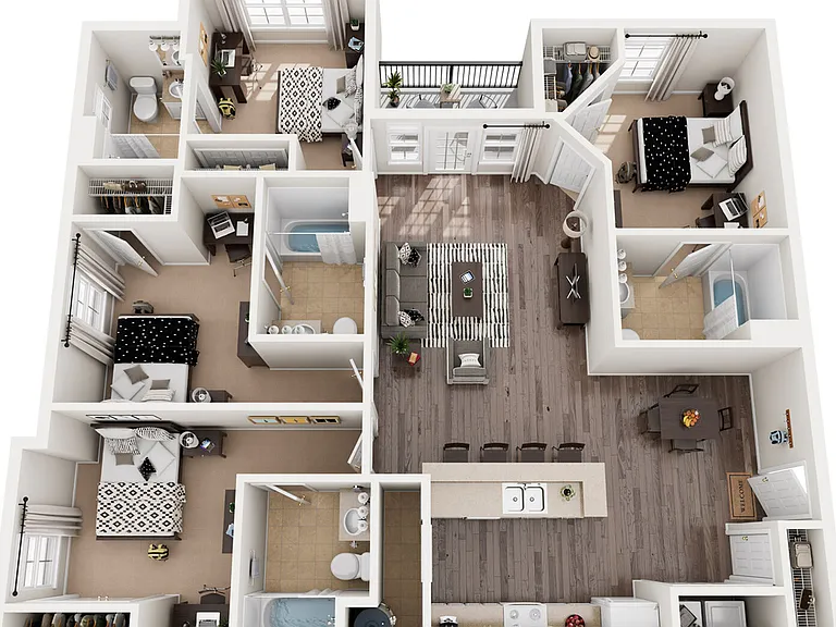 D1 3D Tour | 4 Bedroom Floor Plan | The Quarters | Lafayette LA Student Apartments D1 3D Tour | 4 Bedroom Floor Plan | The Quarters | Lafayette LA Student Apartments