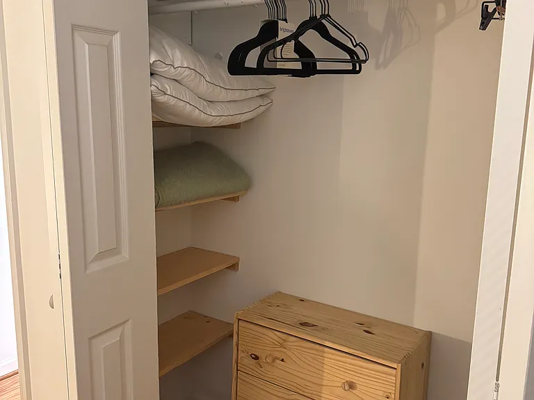 Master closet with built-in wooden shelving, small dresser, ample hanging space, and shoe rack.