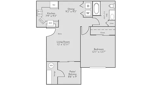 Floor plan 1 Bed, 1 Bath