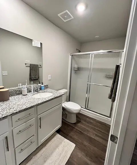 Primary bath with walkin shower, granite countertops with plenty of extra space.