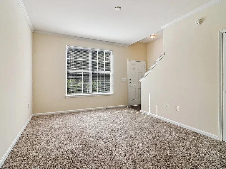 Bright and inviting living room with plush carpeting, large window for natural light, and a modern entryway design.