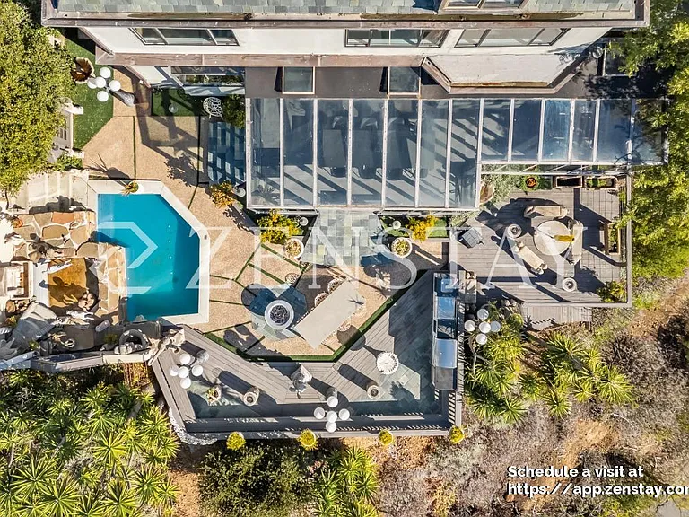 Back yard with fountains and small unheated pool