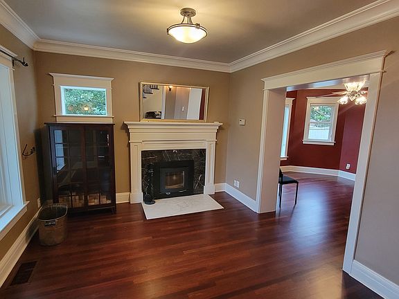 Front room with high efficiency wood burning fireplace
