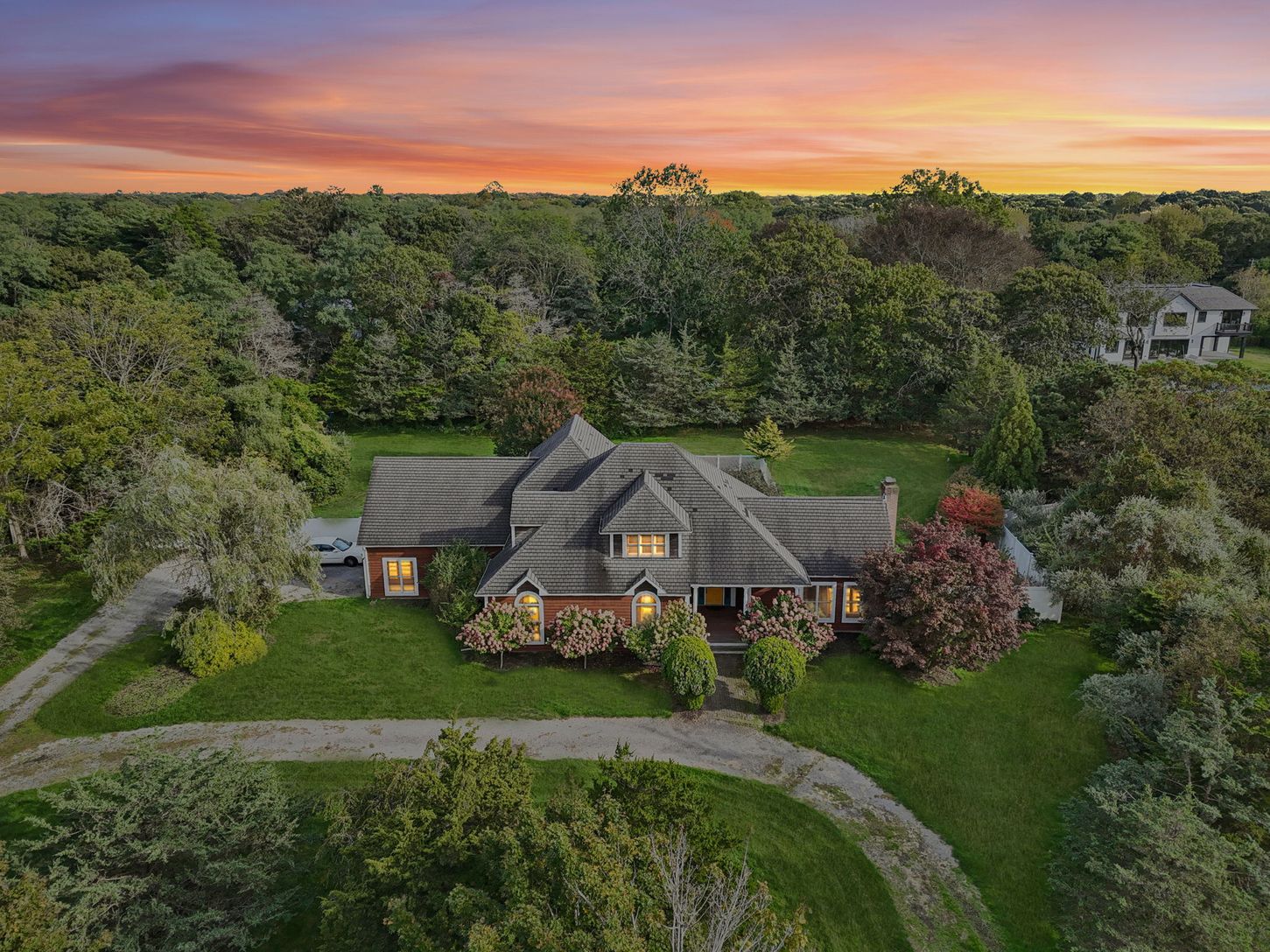 Twilight view highlighting the property’s serene ambiance