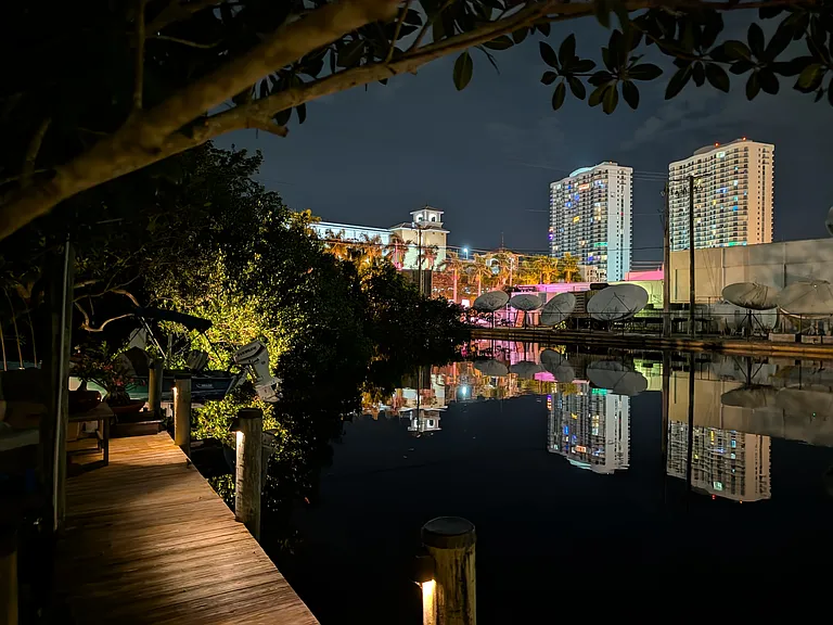View down the creek from the dock at night
