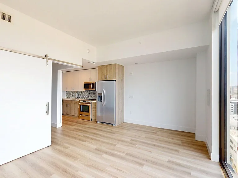 Apartment Kitchen and Living Room with wood style flooring