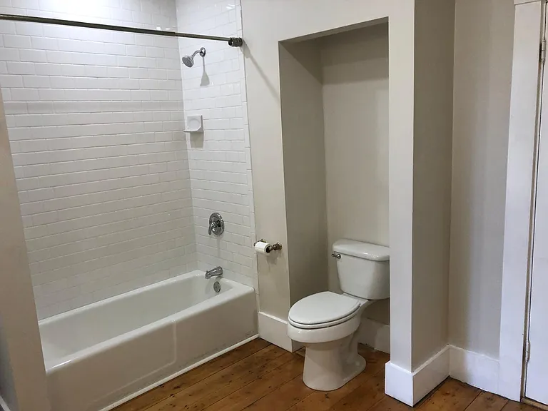 Tiled shower surrounding cast-iron tub in downstairs bathroom.