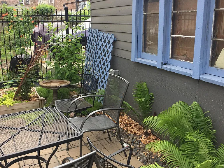 Ferns and other greenery make the backyard patio pleasant and peaceful.
