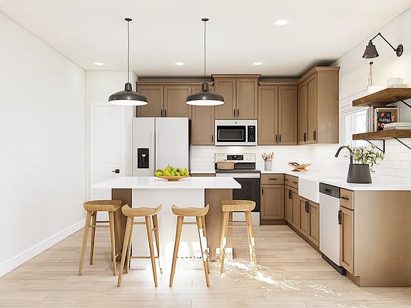 Floating shelves and matte black lighting in kitchen
