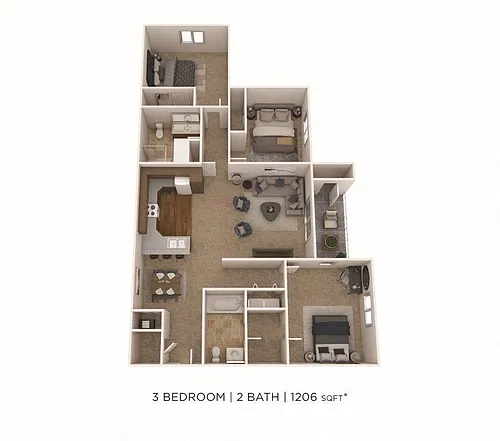 Floor plan Three Bedroom 2 Bath-1206 sqft