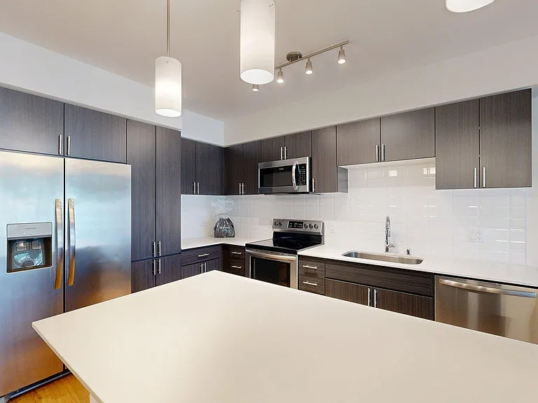 Apartment Kitchen with Stainless Steel Appliances and Wood-Style Flooring.