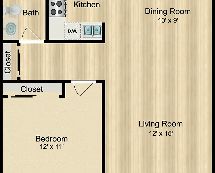 1 Bed 1 Bath A Floorplan Diagram