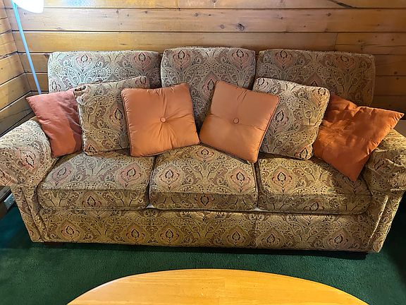 comfortable living area. Interior walls are exposed wooden logs.