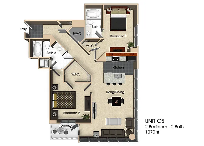 Floor plan (C5) 2 Bedroom - 2 Bathrooms