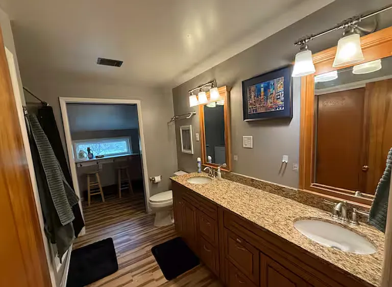 Updated full bathroom featuring a double-sink granite vanity, modern lighting, and excellent storage.