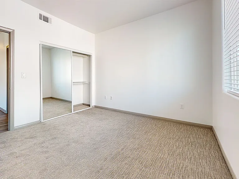 Spacious apartment bedroom with plush carpet flooring.