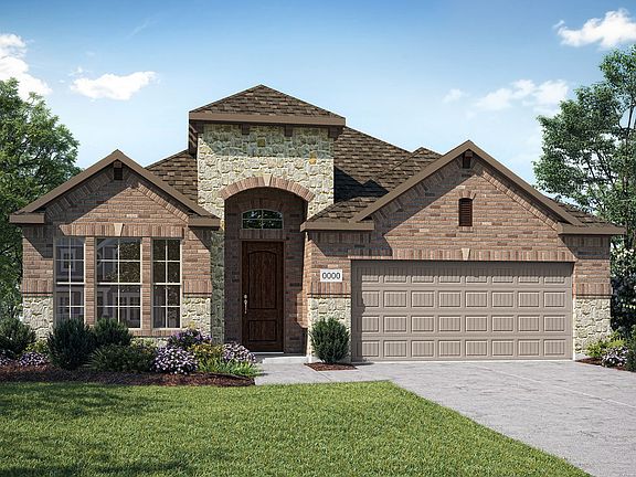 Elevation E is a brick and stone home design with stone wrapped arched entry. Many designer curated