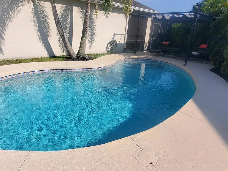 Salt water pool. Pool maintenance is twice per month and included in the rent.