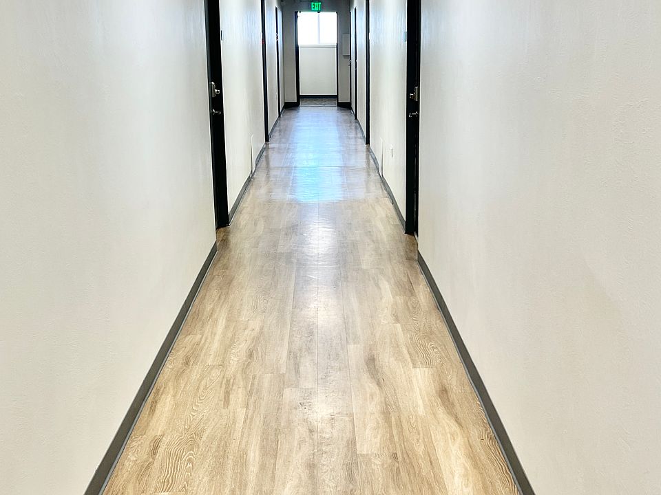 Bright and spacious hallway with modern lighting and sleek wood flooring.