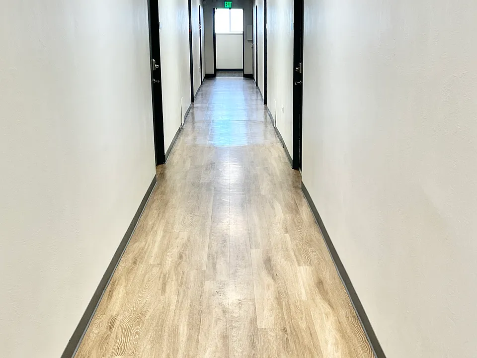 Bright and spacious hallway with modern lighting and sleek wood flooring.
