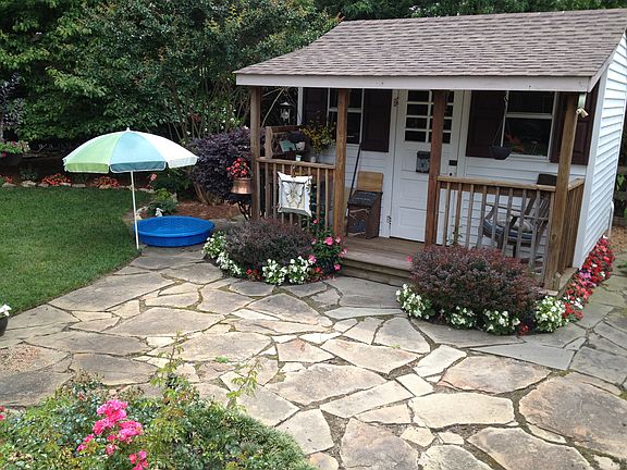 Shed with flagstone patio